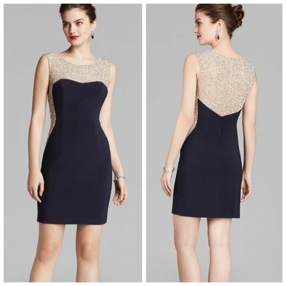 Aqua Navy Beaded Illusion Mesh Mini Cocktail Dress